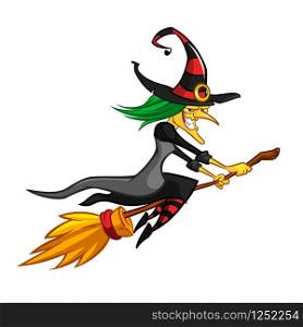 Funny little witch flying. Cartoon vector illustration. Isolated on white