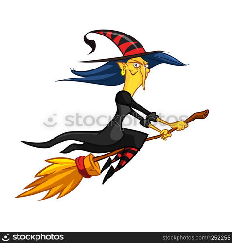 Funny little witch flying. Cartoon vector illustration. Isolated on ...