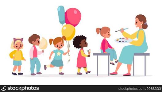 Funny makeup. Painted children faces woman makes party makeover for kids, happy boys and girls with cotton candy and balloons in queue, masquerade festival. Birthday celebration vector cartoon concept. Funny makeup. Painted children faces woman makes party makeover for kids, happy boys and girls with cotton candy and balloons in queue. Birthday celebration vector cartoon concept