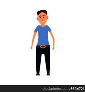 Funny male character stand and smiles in blue T-shirt and navy jeans with big belt isolated cartoon vector illustration on white background.. Funny Male Character in Blue T-Shirt Illustration