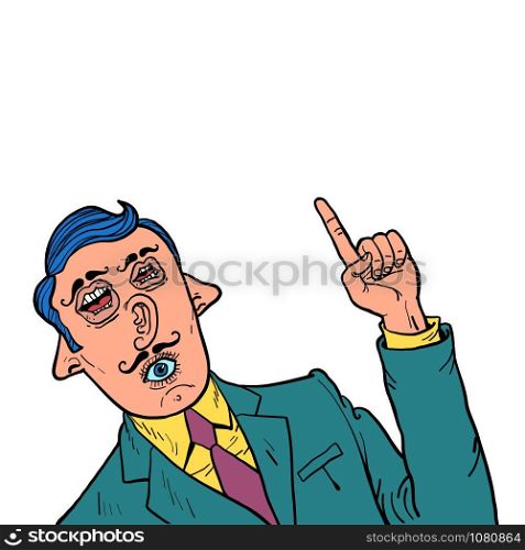 Funny man with a mixed face. Ears eyes mouth. Comic cartoon pop art retro vector illustration drawing. Funny man with a mixed face. Ears eyes mouth