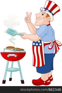 Funny Man with Uncle Sam Hat cooking A Hamburgers on a Barbecue bbq Grill