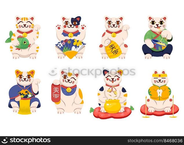 Funny maneki neko cartoon character vector illustration set. Japanese traditional toy, cute cat figure bringing money and fortune isolated on white background. Culture, success, Asia concept
