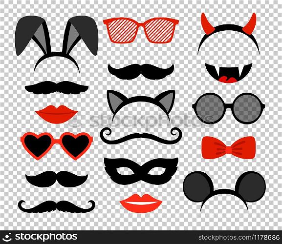 Funny masks. Masquerade mask set, glasses and mustache, rabbit and mouse ears, teeth, lips and horns isolated on transparent background. Funny masks. Masquerade mask set, glasses and mustache, rabbit and mouse ears, teeth, lips and horns
