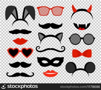 Funny masks. Masquerade mask set, glasses and mustache, rabbit and mouse ears, teeth, lips and horns isolated on transparent background. Funny masks. Masquerade mask set, glasses and mustache, rabbit and mouse ears, teeth, lips and horns