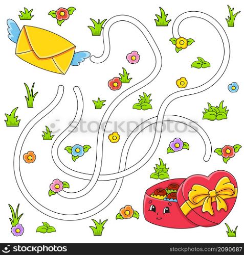 Funny maze for kids. Puzzle for children. cartoon character. Labyrinth conundrum. Color vector illustration. Find the right path. Valentine&rsquo;s Day