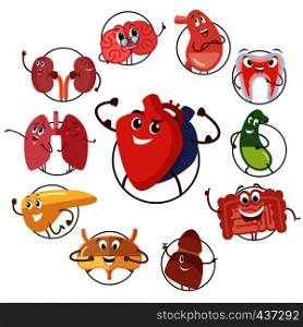 Funny medical icons of organs, heart, lungs, stomach. Set of round avatars cartoon characters of internal organs. Kidney and lung, brain and liver, bladder and heart. Vector illustrations. Funny medical icons of organs, heart, lungs, stomach. Set of round avatars cartoon characters of internal organs. Vector illustrations