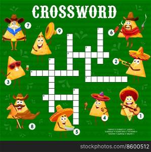 Funny mexican nachos chips characters crossword grid. Find a word quiz game or word maze vector worksheet with charro cowboy, sheriff and mariachi tortilla nachos, sombrero hats, maracas and guns. Funny mexican nacho chip characters crossword grid
