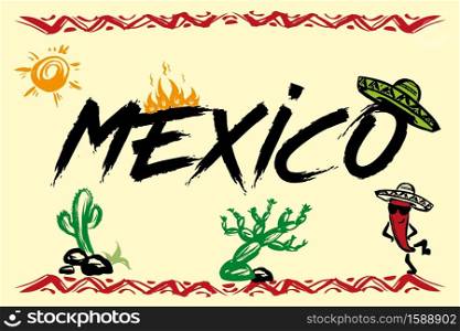 Funny mexico background with traditional symbols,hand drawn vector illustration. Funny mexico background with traditional symbols
