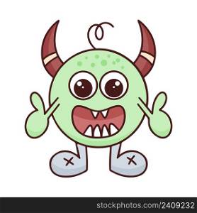Funny monster doodle style isolated vector illustration. Single baby character. Fictional little man with horns and big teeth cartoon. Funny monster doodle style isolated vector illustration