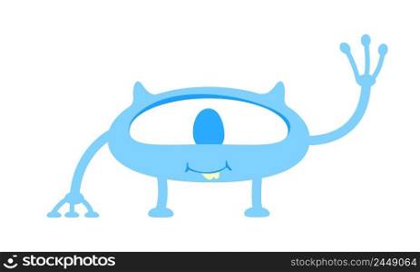 Funny monster waving with hand semi flat color vector character. Standing figure. Full body personage on white. Simple cartoon style illustration for web graphic design and animation. Funny monster waving with hand semi flat color vector character
