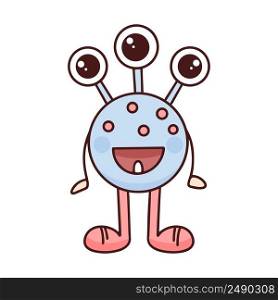 Funny monster with three eyes and one tooth isolated object. Baby character vector illustration. Funny friendly weirdo cartoon