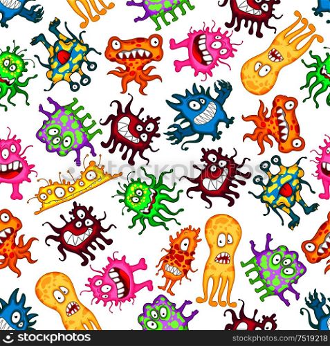 Funny monsters background with seamless pattern of cartoon alien, beast, bacteria and mutant with happy, smiling, scary and teasing faces. Use as childish Halloween design. Funny monsters, aliens, beasts seamless pattern