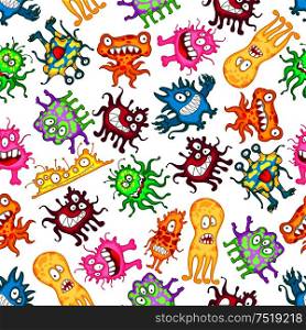 Funny monsters background with seamless pattern of cartoon alien, beast, bacteria and mutant with happy, smiling, scary and teasing faces. Use as childish Halloween design. Funny monsters, aliens, beasts seamless pattern