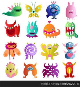 Funny monsters big colorful collection with bull scared plant peanut in love spiral creatures isolated vector illustration . Funny Monsters Big Set