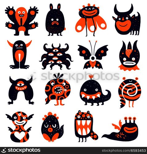 Funny monsters big set with butterfly scary plant sad rabbit spiral black orange creatures isolated vector illustration . Funny Monsters Set