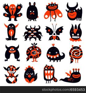 Funny monsters big set with butterfly scary plant sad rabbit spiral black orange creatures isolated vector illustration . Funny Monsters Set