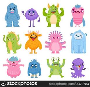 Funny monsters. Cartoon cute and scary creatures with horns and teeth. Halloween monster and alien characters. Friendly monsters vector set. Happy halloween animal, creature funny beast illustration. Funny monsters. Cartoon cute and scary creatures with horns and teeth. Halloween monster and alien characters. Friendly monsters vector set