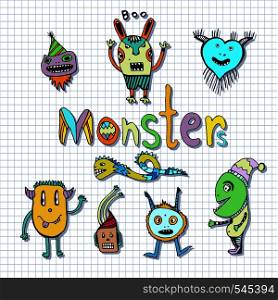 Funny monsters characters. Doodle set. Vector handdrawn Illustration. Coloring page. Funny monsters characters. Doodle set. Vector handdrawn Illustration. Coloring page.