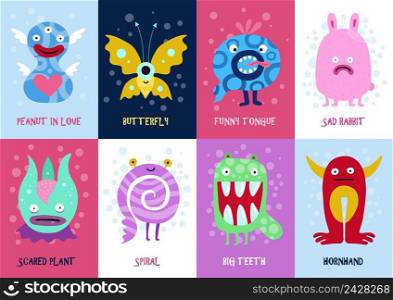 Funny monsters colorful background cards set with spiral scared plant and funny tongue creatures isolated vector illustration . Funny Monsters Cards Set