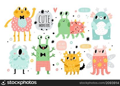 Funny monsters. Cute kids creatures. Fantastic fluffy, toothy and horned cartoon characters. Happy color aliens with joyful faces. Childish party decor. Vector isolated adorable bizarre beasts set. Funny monsters. Cute kids creatures. Fantastic fluffy, toothy and horned cartoon characters. Happy aliens with joyful faces. Childish party decor. Vector adorable bizarre beasts set