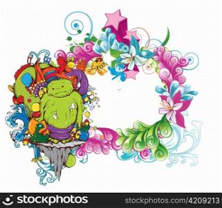 funny monsters on a floral frame