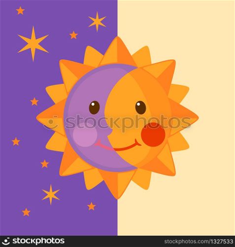 Funny Moon and Sun icon in flat style. Day and night concept. Vector illustration.. Funny Moon and Sun icon in flat style.