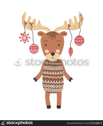 Funny moose with Christmas balls, hand drawn illustration.