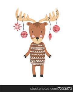 Funny moose with Christmas balls, hand drawn illustration.