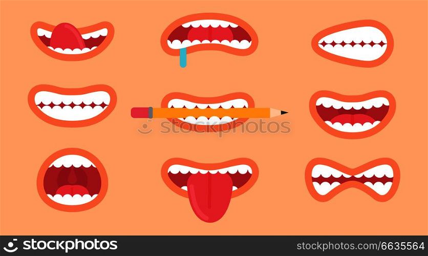 Funny mouth collection of icons, different emoticons, tongue sticked out and teeth showed by person vector illustration isolated on beige. Funny Mouth Collection on Vector Illustration