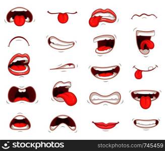 Funny mouths. Facial expressions, cartoon lips and tongues. Hand drawing caricature comic artistic character laughing and show tongue icon, happy and sad mouth poses emotions vector isolated sign set. Funny mouths. Facial expressions, cartoon lips and tongues. Hand drawing laughing show tongue, happy and sad mouth poses vector set