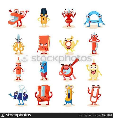 Funny Office Supplies Icons Set. Funny office supplies icons set of different stationery accessories in flat style isolated vector illustration