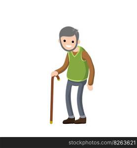Funny old man with cane. Senior and Active Lifestyle, recreation grandfather. Cartoon flat illustration. Funny old man with cane.