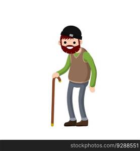 Funny old man with cane. Senior and Active Lifestyle, recreation grandfather. Cartoon flat illustration.. Funny old man with cane.