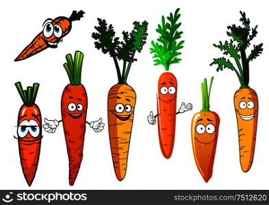 Funny orange carrot vegetables cartoon characters with curly green leaves and smiling faces, for agriculture harvest and vegetarian food design. Cartoon isolated orange carrot vegetables