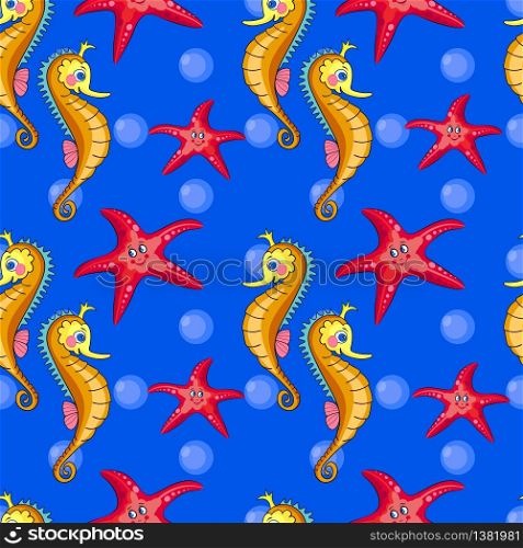 Funny orange seahorse.Big Red Starfish in the bubbles on a blue background. Marine seamless pattern for baby. Vector illustration for children. Can be used for fabric,textile,wrapping paper.. orange seahorse.Big Red Starfish