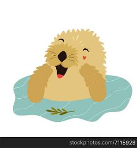 Funny otter taking shower sitting in a river. Animal character vector illustration. Funny otter taking shower sitting in a river