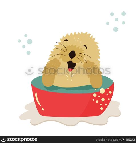Funny otter taking shower sitting in a wash-basin. Animal character vector illustration. Funny otter taking shower sitting in a wash-basin