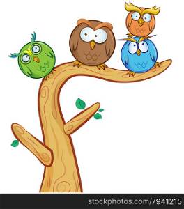 funny owl group cartoon on tree isolated