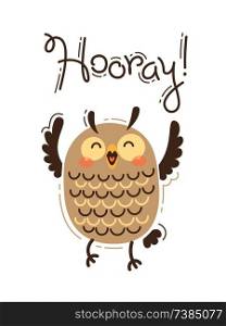 Funny owl yells Hooray. Vector illustration in cartoon style.. Funny owl yells Hooray. Vector illustration in cartoon style