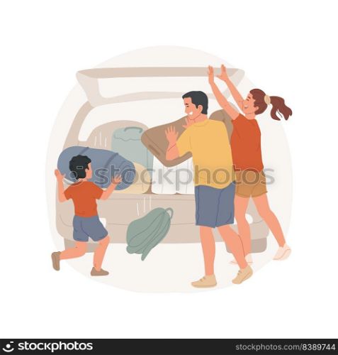Funny packing isolated cartoon vector illustration. Family members put backpacks in car, bags do not fit, pressing luggage, loading the trunk, going on holiday trip, having fun vector cartoon.. Funny packing isolated cartoon vector illustration.