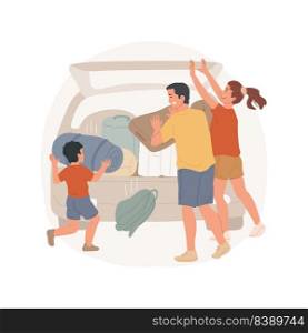 Funny packing isolated cartoon vector illustration. Family members put backpacks in car, bags do not fit, pressing luggage, loading the trunk, going on holiday trip, having fun vector cartoon.. Funny packing isolated cartoon vector illustration.
