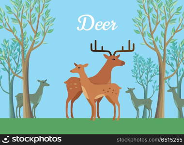 Funny Pair of Deer Illustration. Funny pair of deer on background of forest. Pair of deer walking on grass in forest. Animal deer with large horns vector character. Charming deer. Wildlife character