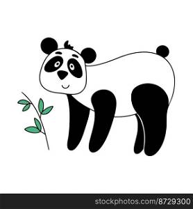 Funny panda stands isolated vector illustration. Black and white bear with sprig bamboo. Character panda symbol china cartoon. Funny panda stands isolated vector illustration