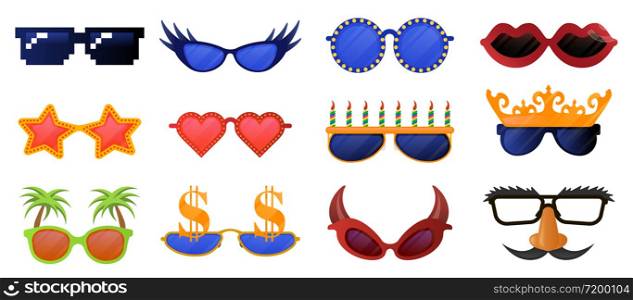 Funny party glasses. Carnival, masquerade sunglasses, photo booth party decorative glasses vector illustration icons set. Masquerade glasses collection, funny mustache and mask. Funny party glasses. Carnival, masquerade sunglasses, photo booth party decorative glasses vector illustration icons set