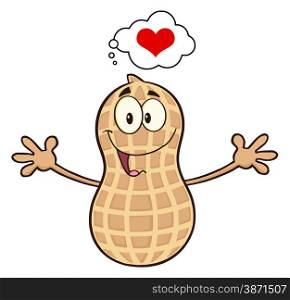 Funny Peanut Cartoon Mascot Character Thinking Of Love And Wanting A Hug