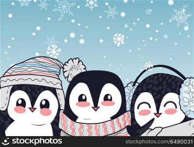 Funny penguins vector illustration. Flat design. Three funny penguins in hat, scarf, earmuffs smiling on blue background with snowflakes. Winter holidays mood. For kid books, greeting card design . Funny Penguins Vector Illustration in Flat Design. Funny Penguins Vector Illustration in Flat Design