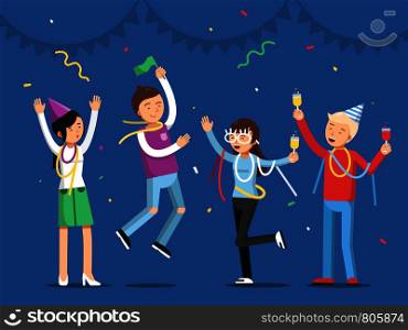 Funny people celebrating on the party. Mascot designs in flat style. Party and celebration, people dance and joy. Vector illustration. Funny people celebrating on the party. Mascot designs in flat style