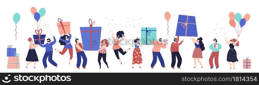 Funny people gifts. Birthday celebrating, beauty woman blowing whistle. Emotional friends company, confetti present box decent vector banner. Illustration birthday emotional company celebrating. Funny people gifts. Birthday celebrating, beauty woman blowing whistle. Emotional friends company, confetti present box decent vector banner