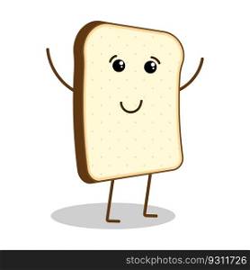 Funny piece of bread character with cheerful joyful face expression. Diet and proper nutrition, adherence to daily diet. Flat vector isolated on white background